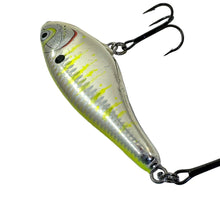 Load image into Gallery viewer, Up CLose Side View of RAPALA GLIDIN&#39; RAP 12 Fishing Lure in CHROME CHARTREUSE with Fisherman Altered Stripes
