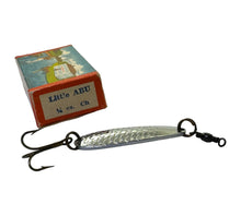 Load image into Gallery viewer, Box Stats View of URFABRIKEN of Sweden &quot;LITTLE ABU&quot; Vintage Metal Spoonbait Fishing Lure. Original Box Features Retro Outdoorsman Graphics.
