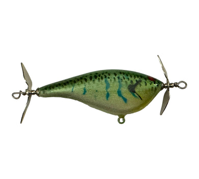 Right Facing View of BRIAN'S BEES CRANKBAITS DUAL PROP B Balsa Fishing Lure in GREEN PEARL SPARKLE w/ BLUE SQUIGGLES