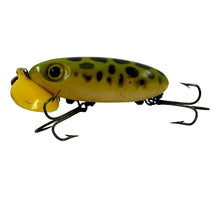 Load image into Gallery viewer, Left Facing View of FRED ARBOGAST WW2 Plastic Lip JITTERBUG Fishing Lure in FROG WHITE BELLY. Vintage Topwater.
