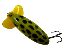Load image into Gallery viewer, Back View of FRED ARBOGAST WW2 Plastic Lip JITTERBUG Fishing Lure in FROG WHITE BELLY. Vintage Topwater.
