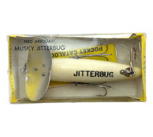 Cargar imagen en el visor de la galería, Boxed View of FRED ARBOGAST WOOD JITTERBUG Fishing Lure in&nbsp; FROG Pattern. Vintage Musky Sized Topwater Bait.
