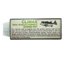 Load image into Gallery viewer, Climax Spinnerbait Box Back View of HEDDON LURES TINY HEDD PLUG w/ FIRETAIL Fishing Lure in FLUORESCENT BLACK SPOT or SPOTTED RED HORSE
