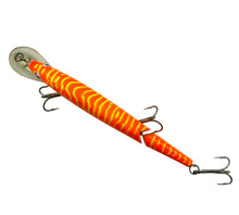 Load image into Gallery viewer, Back View of REBEL LURES FASTRAC JOINTED MINNOW Vintage Fishing Lure in FLUORESCENT ORANGE CHARTREUSE BELLY &amp; STRIPES

