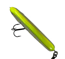 Load image into Gallery viewer, Up Close Chartreuse Back View of RAPALA GLIDIN&#39; RAP 12 Fishing Lure in CHROME CHARTREUSE with Fisherman Altered Stripes
