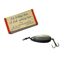Load image into Gallery viewer, Product Photo for URFABRIKEN of Sweden &quot;LITTLE ABU&quot; Vintage Metal Spoonbait Fishing Lure. Original Box Features Retro Outdoorsman Graphics.
