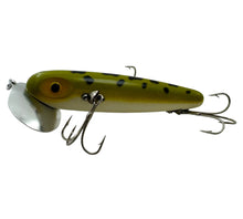 Load image into Gallery viewer, Left Facing View of FRED ARBOGAST WOOD JITTERBUG Fishing Lure in&nbsp; FROG Pattern. Vintage Musky Sized Topwater Bait.
