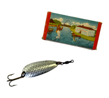 Load image into Gallery viewer, Cover photo of URFABRIKEN of Sweden &quot;LITTLE ABU&quot; Vintage Metal Spoonbait Fishing Lure. Original Box Features Retro Outdoorsman Graphics.
