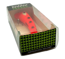 Load image into Gallery viewer, Bottom Box End View of HEDDON LURES TINY HEDD PLUG w/ FIRETAIL Fishing Lure in FLUORESCENT BLACK SPOT or SPOTTED RED HORSE
