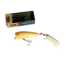 Load image into Gallery viewer, Left Facing View of Vintage REBEL LURES BONEHEAD Fishing Lure w/ Original Box in BONE. TOPWATER POPPER #PBX-4100.
