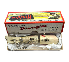 Load image into Gallery viewer, Belly View of HEDDON-DOWAGIAC KING ZIG WAG Fishing Lure w/ ORIGINAL BOX in PEARL X-RAY SHORE MINNOW. US Navy Sticker.
