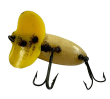 Load image into Gallery viewer, Up Close Lip View of FRED ARBOGAST WW2 Plastic Lip JITTERBUG Fishing Lure in FROG WHITE BELLY. Vintage Topwater.
