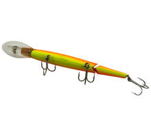 Lataa kuva Galleria-katseluun, Bally View of REBEL LURES FASTRAC JOINTED MINNOW Vintage Fishing Lure in FLUORESCENT ORANGE CHARTREUSE BELLY &amp; STRIPES
