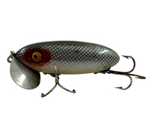 Load image into Gallery viewer, Left Facing View of Antique ARBOGAST 5/8 oz WOOD JITTERBUG Fishing Lure in SCALE. Pre- WWII Era Bug.

