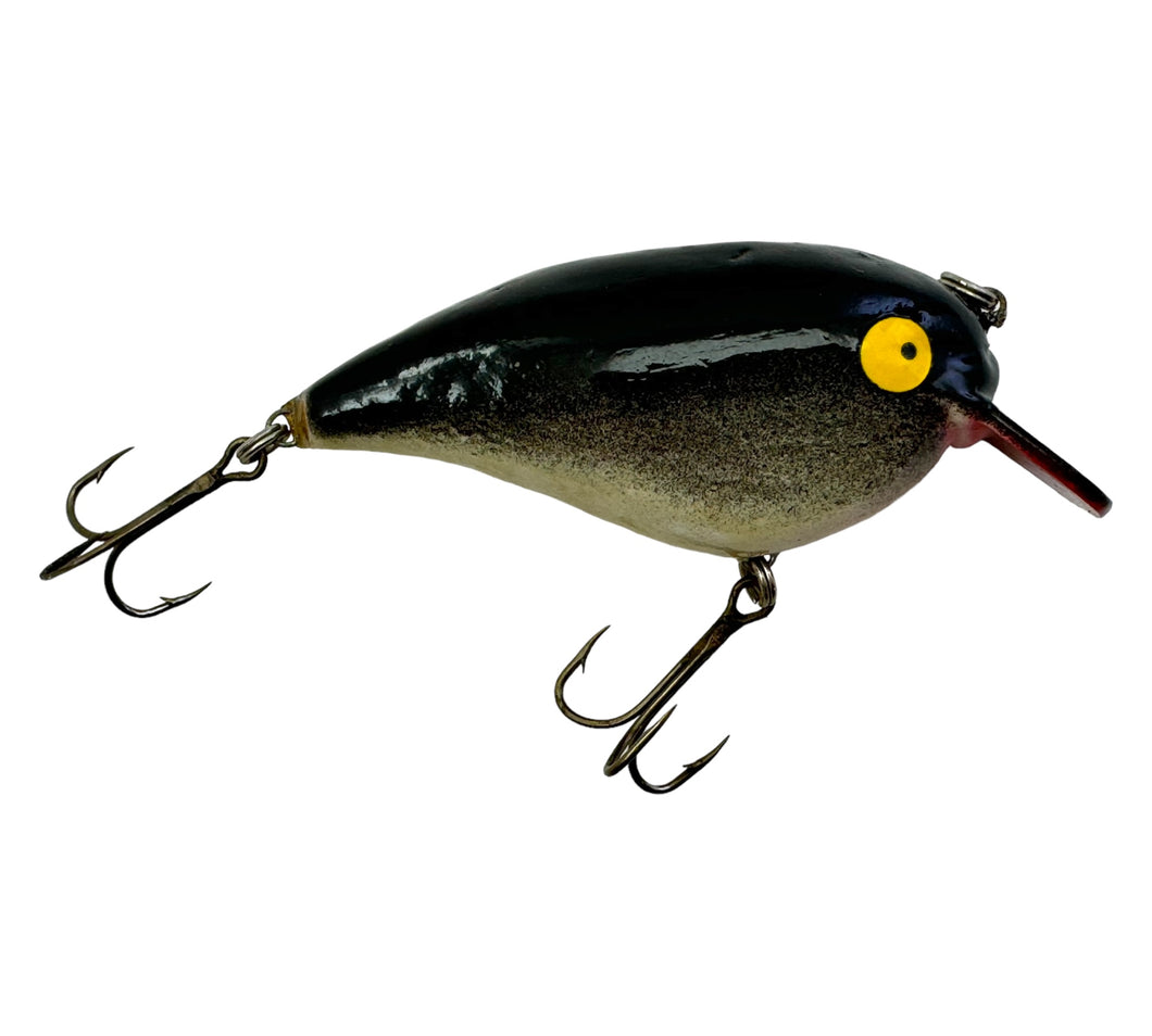 Right Facing View of O RIDGE Handmade Balsa Wood Fishing Lure in BLACK & NATURAL BELLY. Made in OAKRIDGE, TENNESSEE.