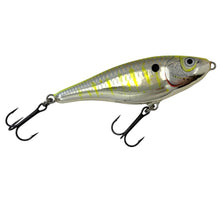 Load image into Gallery viewer, Right Facing View of RAPALA GLIDIN&#39; RAP 12 Fishing Lure in CHROME CHARTREUSE with Fisherman Altered Stripes
