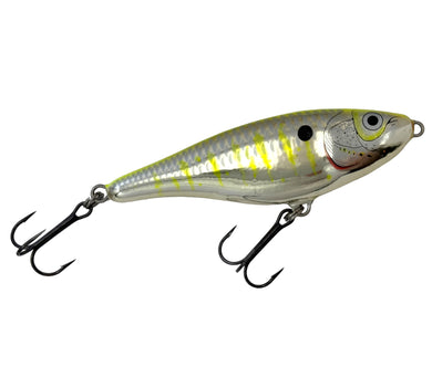 Right Facing View of RAPALA GLIDIN' RAP 12 Fishing Lure in CHROME CHARTREUSE with Fisherman Altered Stripes