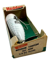 Load image into Gallery viewer, Heddon Model Number &amp; Class View of HEDDON MAGNUM TORPEDO Topwater Fishing Lure in RED &amp; WHITE SHORE MINNOW. Vintage Box &amp; Insert Included.
