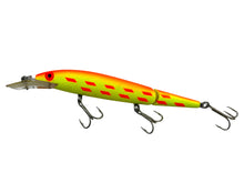 Load image into Gallery viewer, Left Facing View of SALMON SERIES REBEL LURES FASTRAC JOINTED MINNOW Vintage Fishing Lure in CHARTREUSE/ORANGE BACK/ORANGE BARS
