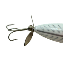 Load image into Gallery viewer, Up Close Tail View of HEDDON MAGNUM TORPEDO Topwater Fishing Lure in RED &amp; WHITE SHORE MINNOW. Vintage Box &amp; Insert Included.
