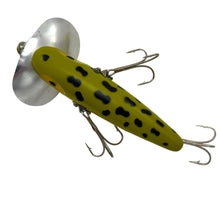 Load image into Gallery viewer, Back View of FRED ARBOGAST WOOD JITTERBUG Fishing Lure in&nbsp; FROG Pattern. Vintage Musky Sized Topwater Bait.
