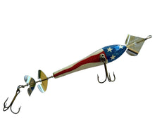 Load image into Gallery viewer, Belly View of HELLRAISER TACKLE COMPANY of Lake Tomahawk, Wisconsin, CHERRY TWIST Muskie Sized Fishing Lure in CHERRY BOMB. USA Flag Painted!
