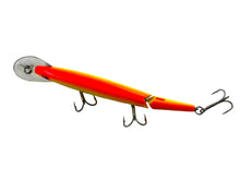Load image into Gallery viewer, Top View of SALMON SERIES REBEL LURES FASTRAC JOINTED MINNOW Vintage Fishing Lure in CHARTREUSE/ORANGE BACK/ORANGE BARS
