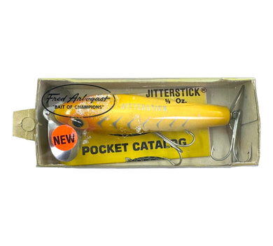 Boxed View of FRED ARBOGAST 5/8 oz JITTERSTICK Fishing Lure w/ Box & Pocket Catalog in YELLOW