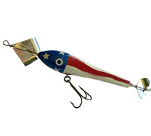 Load image into Gallery viewer, UpClose View of HELLRAISER TACKLE COMPANY of Lake Tomahawk, Wisconsin, CHERRY TWIST Muskie Sized Fishing Lure in CHERRY BOMB. USA Flag Painted!
