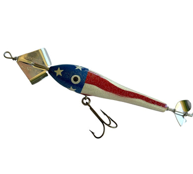 UpClose View of HELLRAISER TACKLE COMPANY of Lake Tomahawk, Wisconsin, CHERRY TWIST Muskie Sized Fishing Lure in CHERRY BOMB. USA Flag Painted!