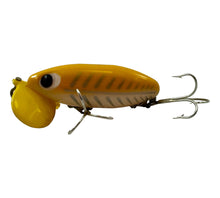 Load image into Gallery viewer, Left Facing View of FRED ARBOGAST 5/8 oz PLASTIC LIP JITTERBUG Fishing Lure in YELLOW WHITE HERRINGBONE. Japan Special.
