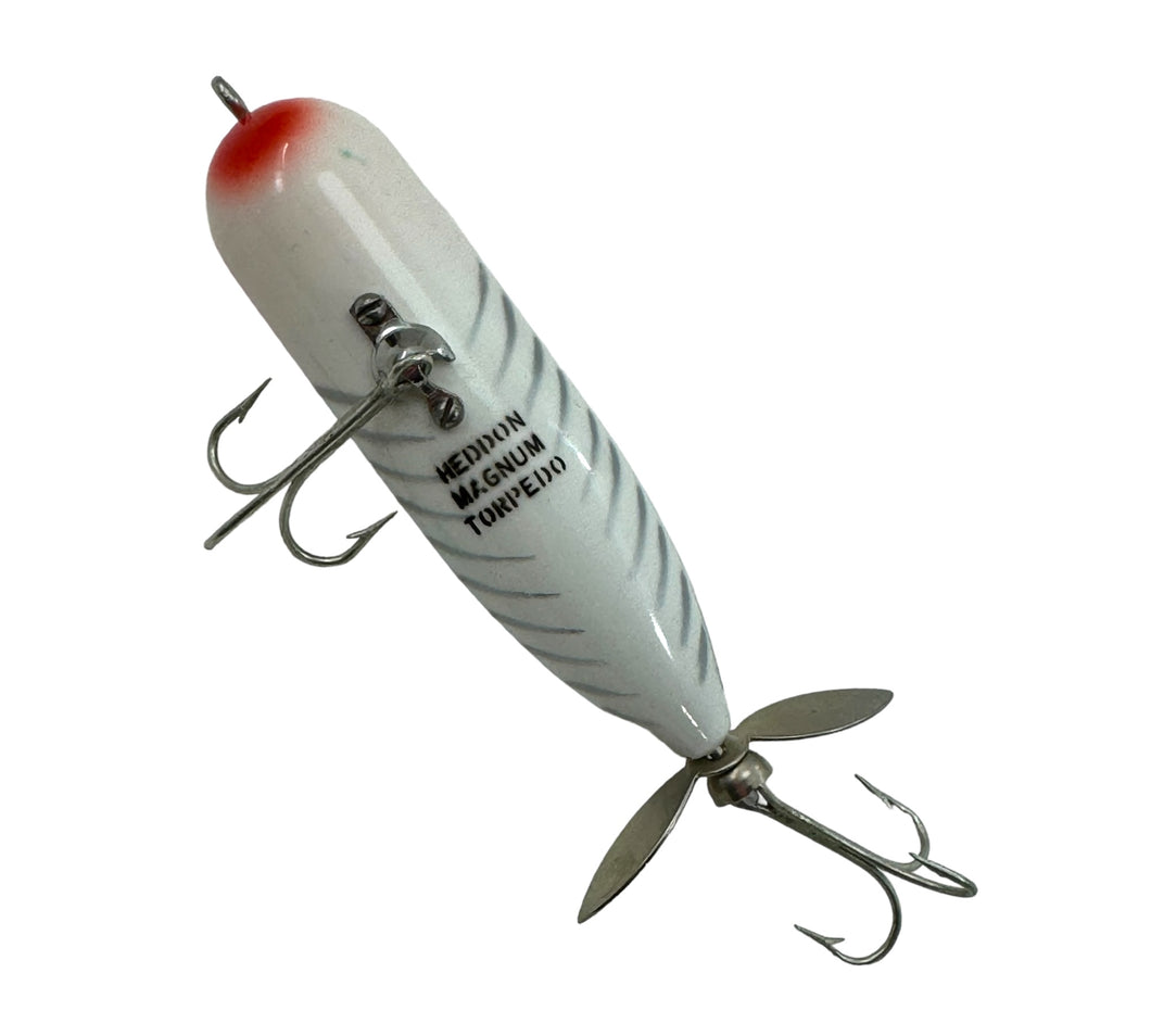 Belly Stamp View for HEDDON MAGNUM TORPEDO Topwater Fishing Lure in RED & WHITE SHORE MINNOW. Vintage Box & Insert Included.