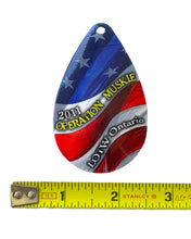 Load image into Gallery viewer, Width Tape Measure View of LEADERS &amp; LURES Musky Fishing Spinner Blade. 2011 OPERATION MUSKIE at&nbsp;LAKE OF THE WOODS, ONTARIO, CANADA.
