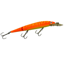 Lataa kuva Galleria-katseluun, Right Facing View of REBEL LURES FASTRAC JOINTED MINNOW Vintage Fishing Lure in FLUORESCENT ORANGE CHARTREUSE BELLY &amp; STRIPES

