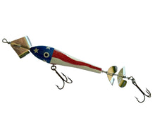 Load image into Gallery viewer, Left Facing View of HELLRAISER TACKLE COMPANY of Lake Tomahawk, Wisconsin, CHERRY TWIST Muskie Sized Fishing Lure in CHERRY BOMB. USA Flag Painted!
