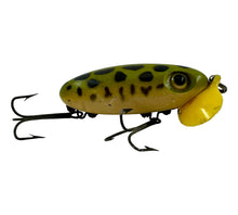 Charger l&#39;image dans la galerie, Right Facing View of FRED ARBOGAST WW2 Plastic Lip JITTERBUG Fishing Lure in FROG WHITE BELLY. Vintage Topwater.
