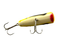 Load image into Gallery viewer, Belly View of KAUTZKY LURES CHUG IKE Vintage Topwater Fishing Lure in YELLOW w/ BLACK DOT
