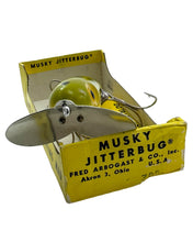 Load image into Gallery viewer, Metal Lip View of FRED ARBOGAST WOOD JITTERBUG Fishing Lure in&nbsp; FROG Pattern. Vintage Musky Sized Topwater Bait.
