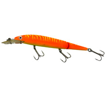 Lataa kuva Galleria-katseluun, Left Facing View of REBEL LURES FASTRAC JOINTED MINNOW Vintage Fishing Lure in FLUORESCENT ORANGE CHARTREUSE BELLY &amp; STRIPES
