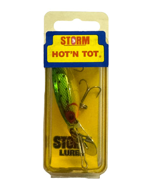 Front Box View of STORM LURES HOT N TOT Fishing Lure in METALLIC GREEN/YELLOW/SPECKS