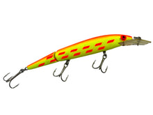 Load image into Gallery viewer, Right Facing View of SALMON SERIES REBEL LURES FASTRAC JOINTED MINNOW Vintage Fishing Lure in CHARTREUSE/ORANGE BACK/ORANGE BARS
