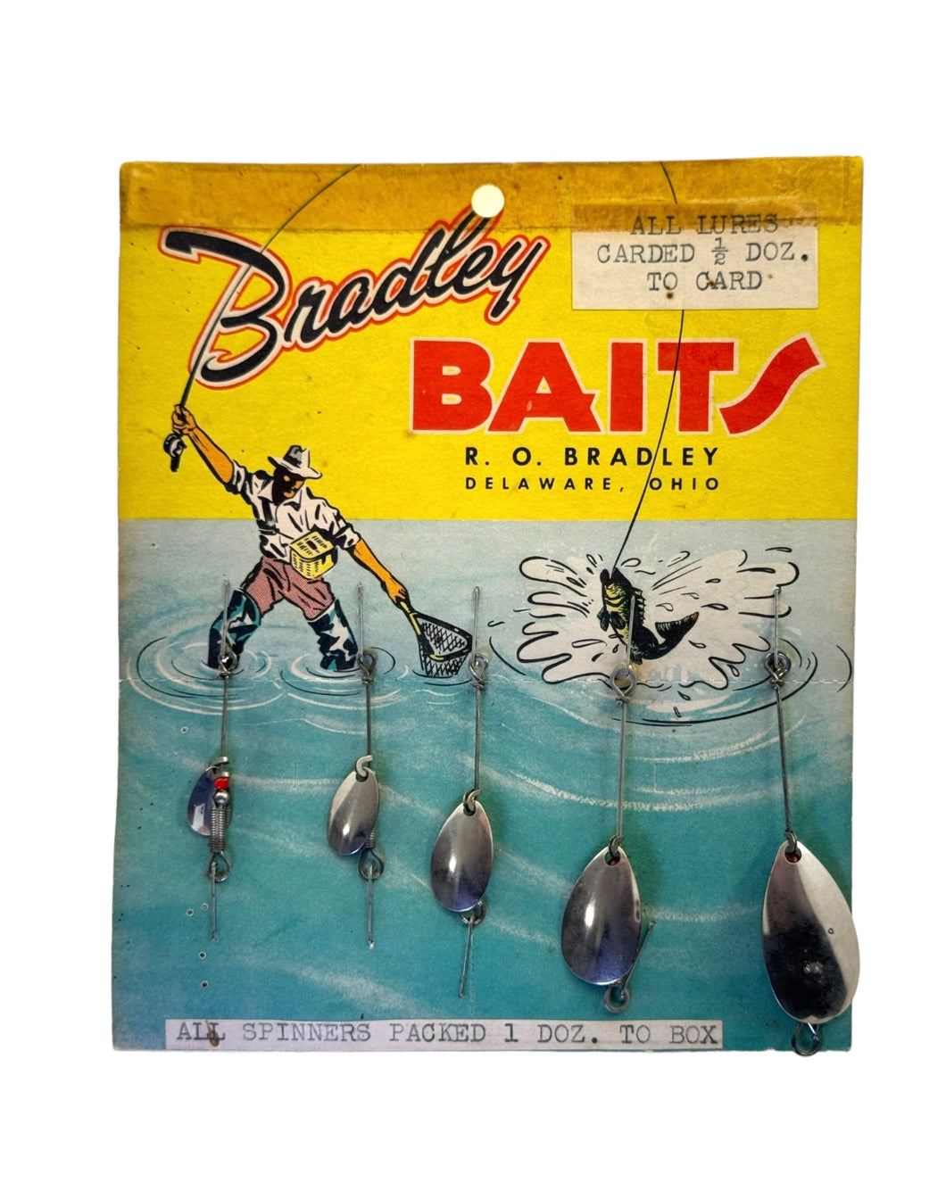 BRADLEY BAITS of Ohio Retro Graphics SPINNERBAIT Card with Vintage Metal Lures. Card Features Angler with Fishing Creel & Jumping Bass.