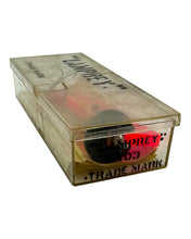 Load image into Gallery viewer, Marked Box End of Mid-Century Modern Lamprey Lure And Tackle Company of Chicago, Illinois &quot;THE ORIGINAL LAMPREY&quot; Vintage Fishing Lure in PIPED LIGHT RED &amp; BLACK. Original Box &amp; Insert Included.
