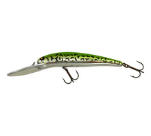 Load image into Gallery viewer, Left Facing View of BOMBER BAIT COMPANY MODEL 25 A Fishing Lure in GREEN MONKEY PUKE. Screwtail Model Means Older or Vintage Crankbait.
