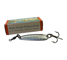 Load image into Gallery viewer, Additional Side View of URFABRIKEN of Sweden &quot;LITTLE ABU&quot; Vintage Metal Spoonbait Fishing Lure. Original Box Features Retro Outdoorsman Graphics.
