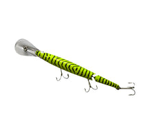 Load image into Gallery viewer, Top View of Rebel Lures JOINTED SPOONBILL MINNOW Fishing Lure in SILVER/CHARTREUSE/BLACK STRIPES
