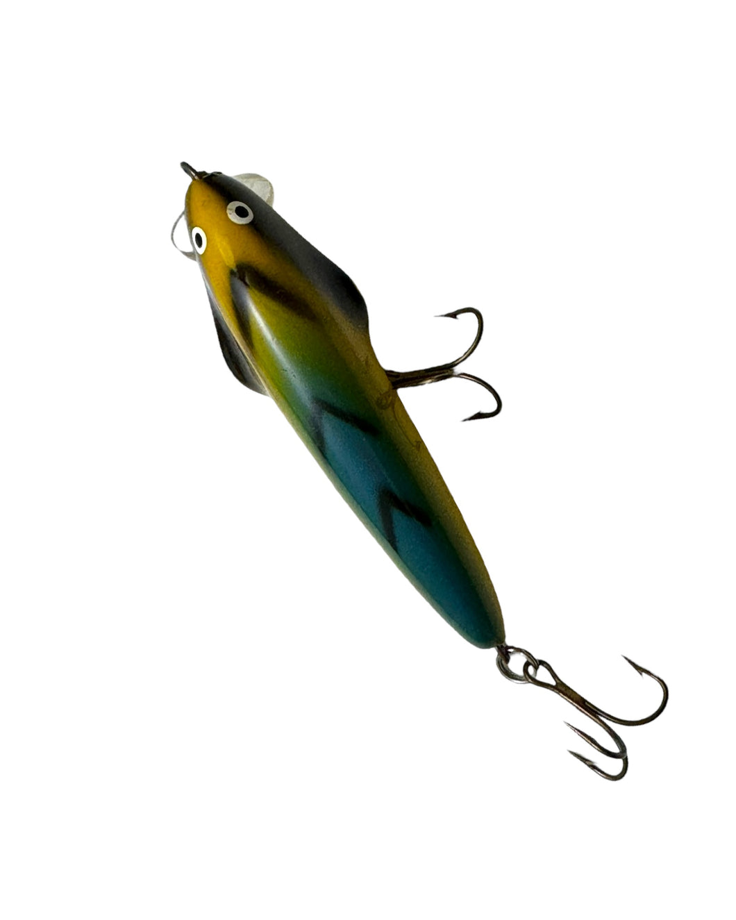 Top View of NILS MASTER of Finland SPEARHEAD Fishing Lure in YELLOW GREEN BLUE H-BONE