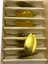 Load image into Gallery viewer, Spinner Blade View of Vintage British French Patent MEPPS AGLIA 6 Ct SPOONS Fishing Lures in Gold. Made in France. Size 3 Spinnerbaits.
