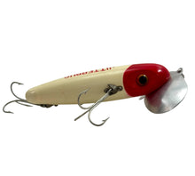 Load image into Gallery viewer, Right Facing View of FRED ARBOGAST MUSKY SIZE WOOD JITTERBUG in RED &amp; WHITE
