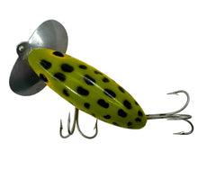 Load image into Gallery viewer, Back View of FRED ARBOGAST 5/8 oz JITTERBUG Fishing Lure in FROG w/ YELLOW BELLY
